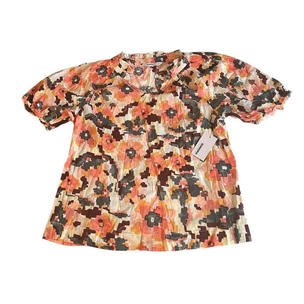 NWT Sonoma Women's Size L Blouse Short Sleeve Floral Abstract V-Neck Pink Orange